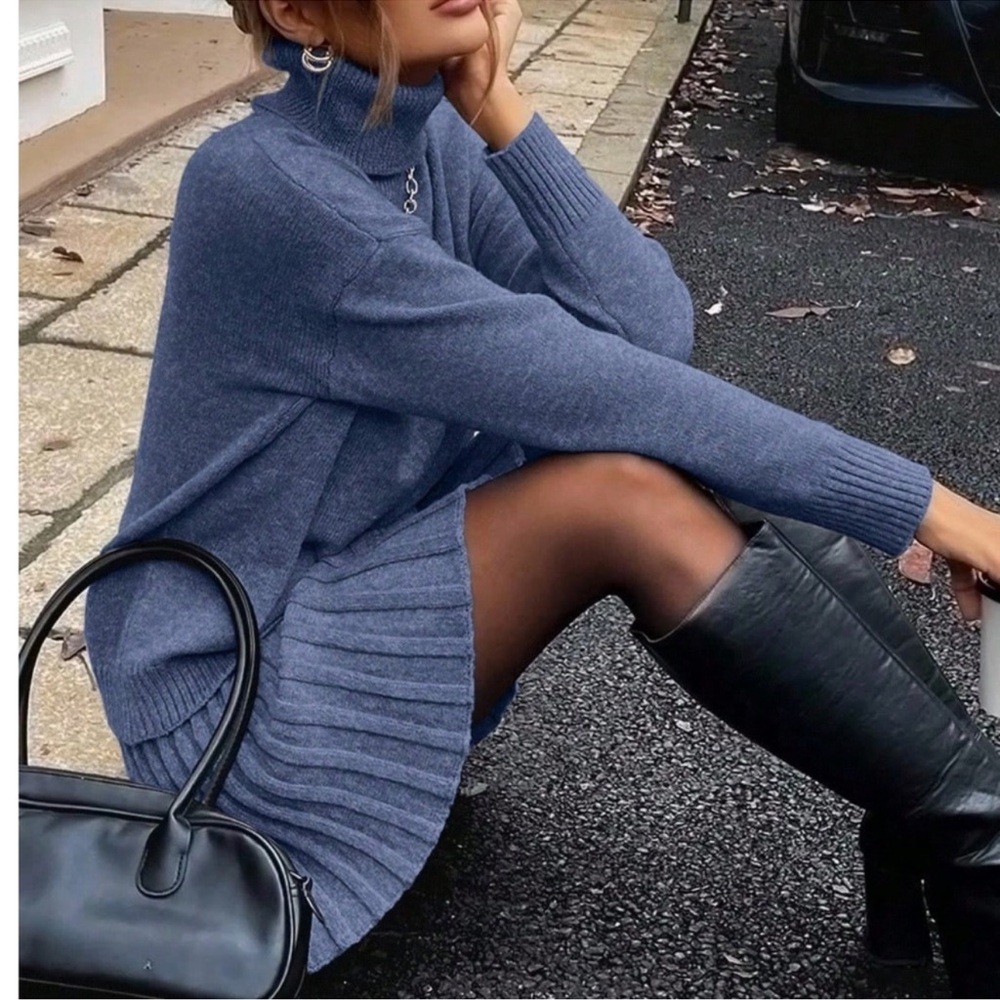 Classic Turtleneck Knit Sweater Textured Mini Skirt Set S M L XL